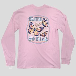 Benny & Belle Womens Pink Long Sleeve Shirt 'Faith Has No Fear' Graphic - Medium